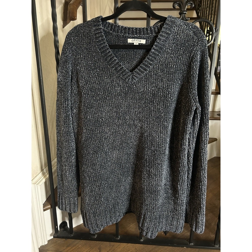 Orvis Chenille V Neck Sweater Womens Large Gray Pullover Knit